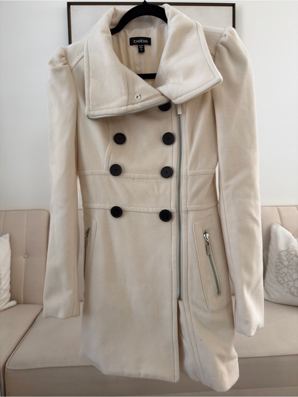 bebe Cream Double-Breasted Pea Coat with Puff Shoulders